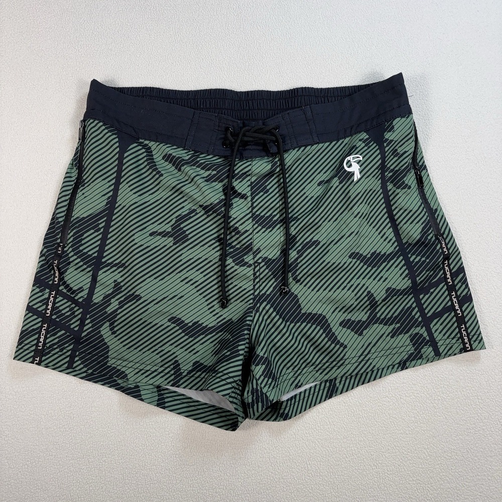 Tucann Lined Swim Shorts Men's L Green Camo Stripe Drawstring Stretch Trunks